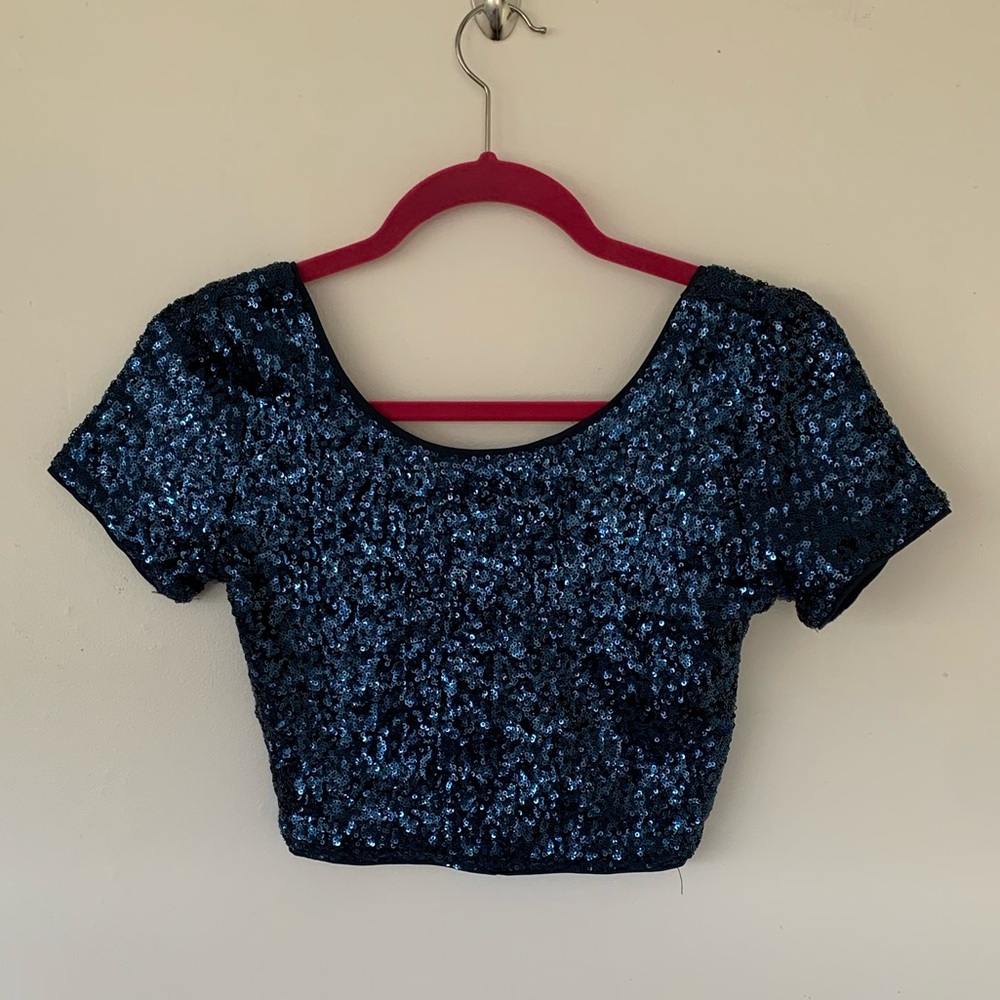 Blue Sequin Crop Top